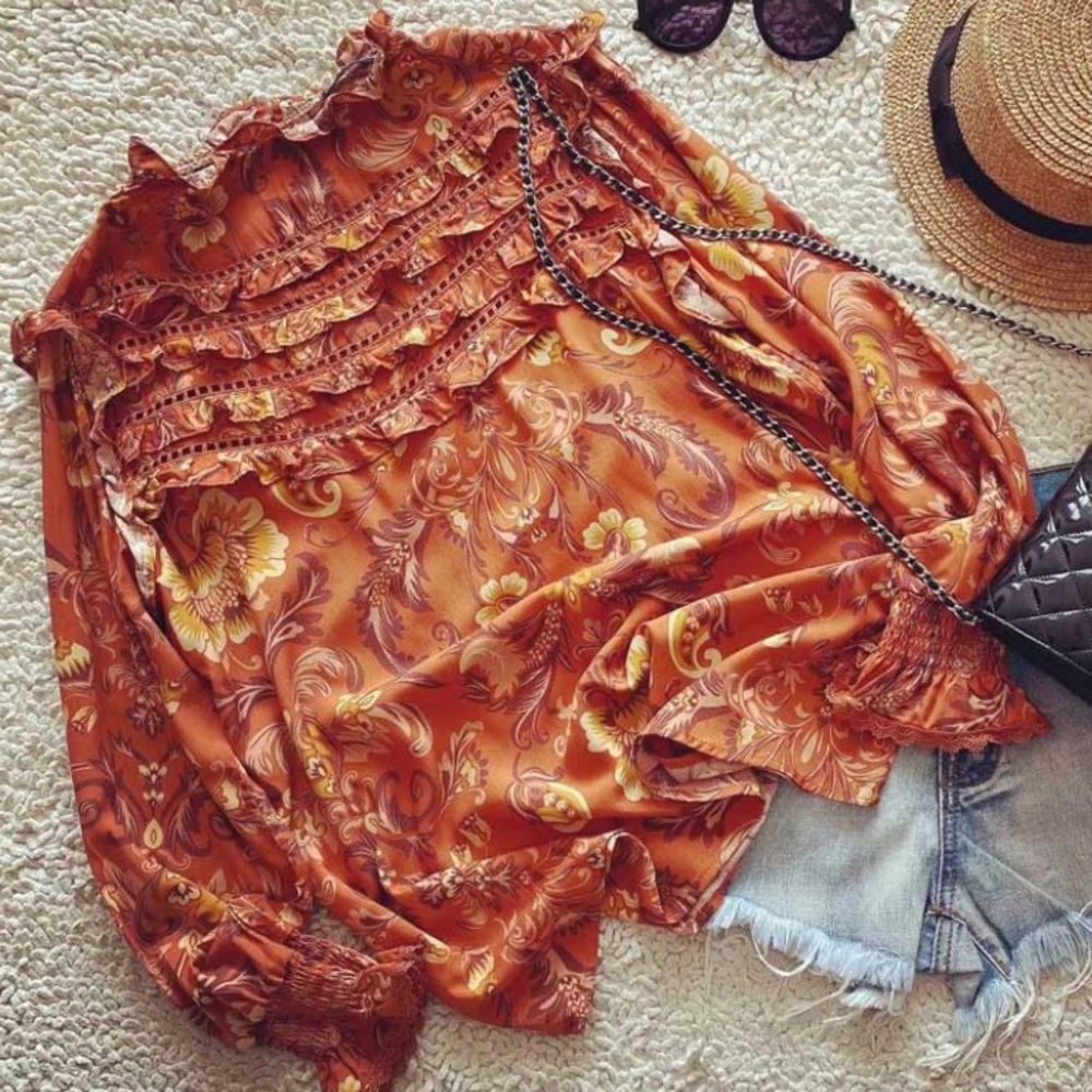 SOLD OUT Rust Vintage Style Floral Ruffle Boho Blouse - Picture 2 of 6